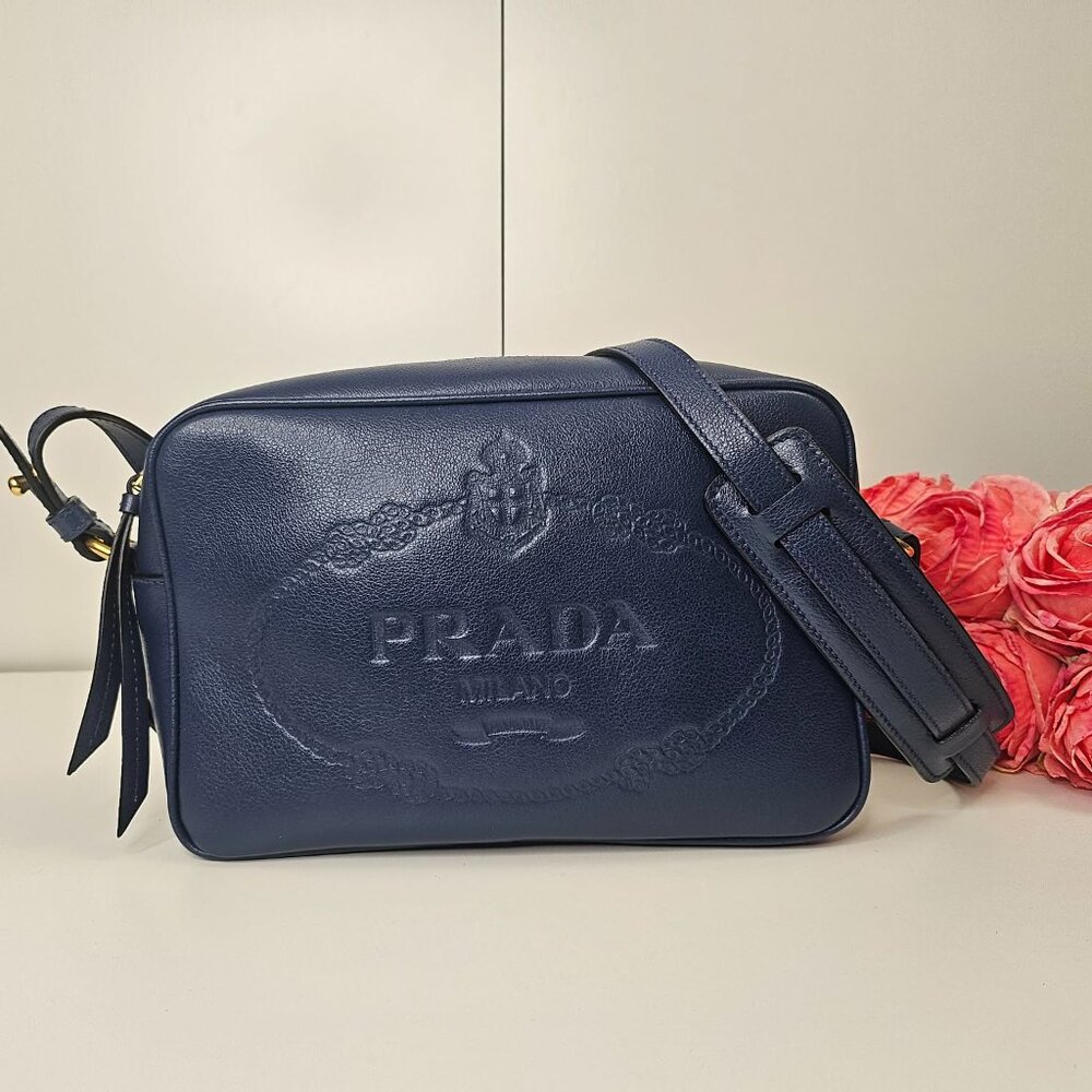Authentic Prada Glace Calfskin Embossed Logo Crossbody Blue